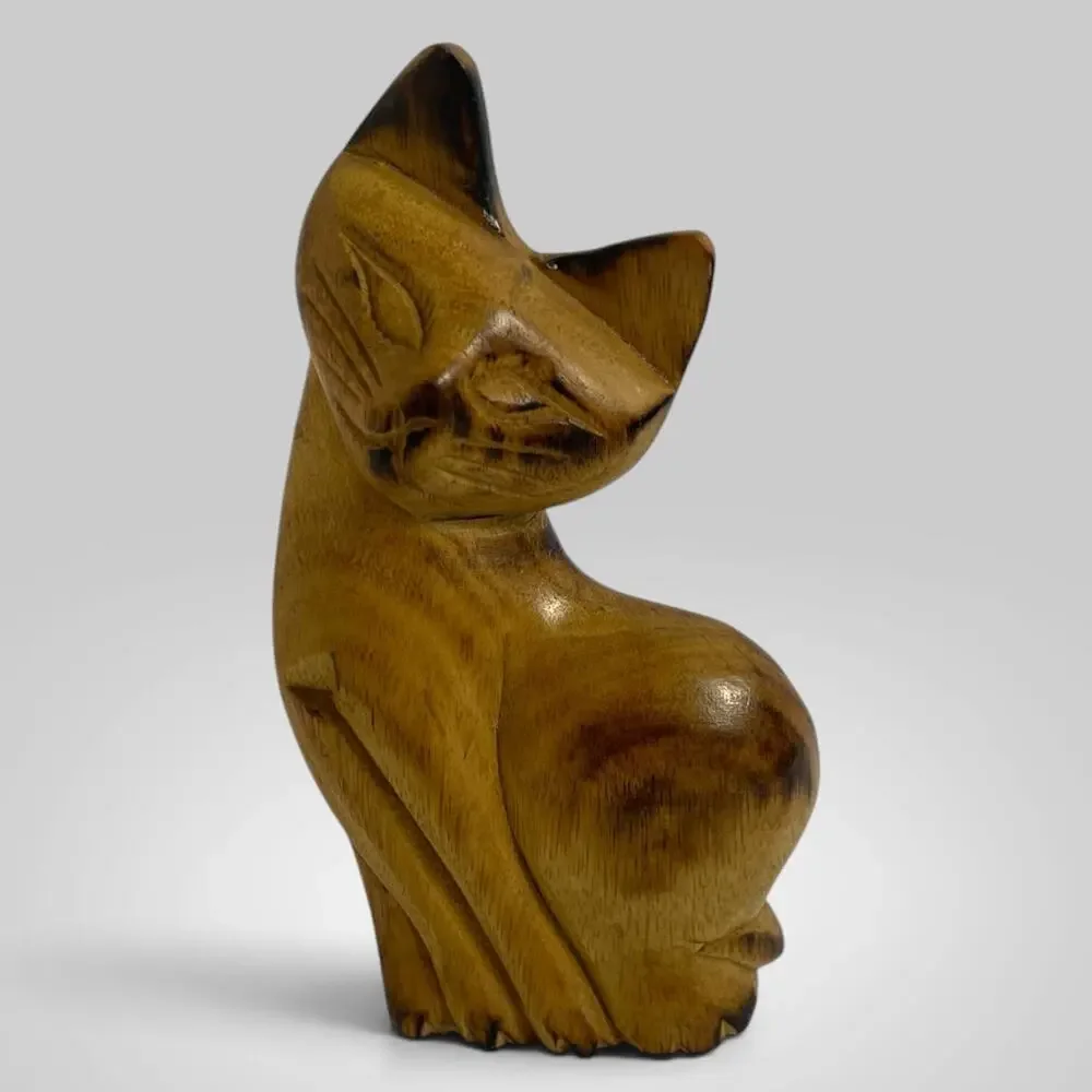 Vintage Small Hand Carved Wood Cat Figurine Folk Art Siamese Kitty